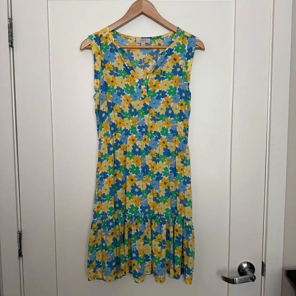 Loft Sundress Dress Size S Yellow Blue Floral Sleeveless Beach Summer Colorful